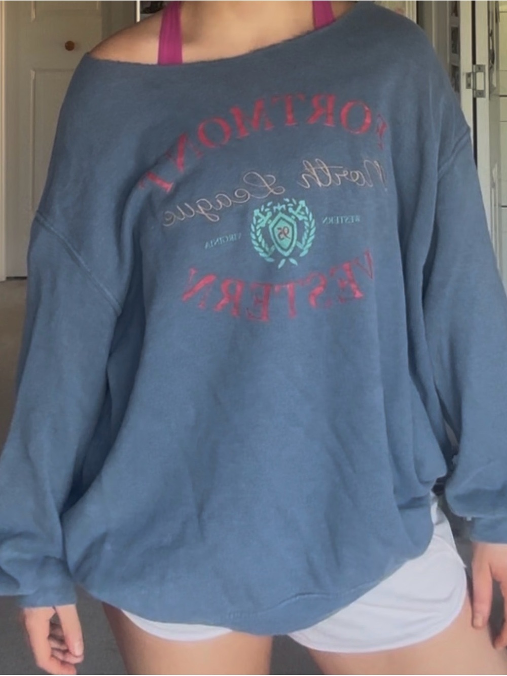 BDG Off-the-Shoulder Oversized Blue Sweatshirt with Red & Teal Graphics